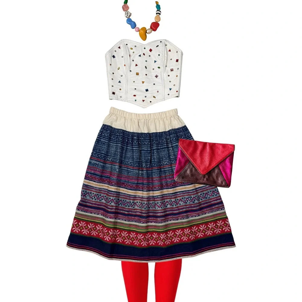 Lucky Brand Boho‎ Embroidered Cotton Midi Skirt Blue Red Pink Striped Medium